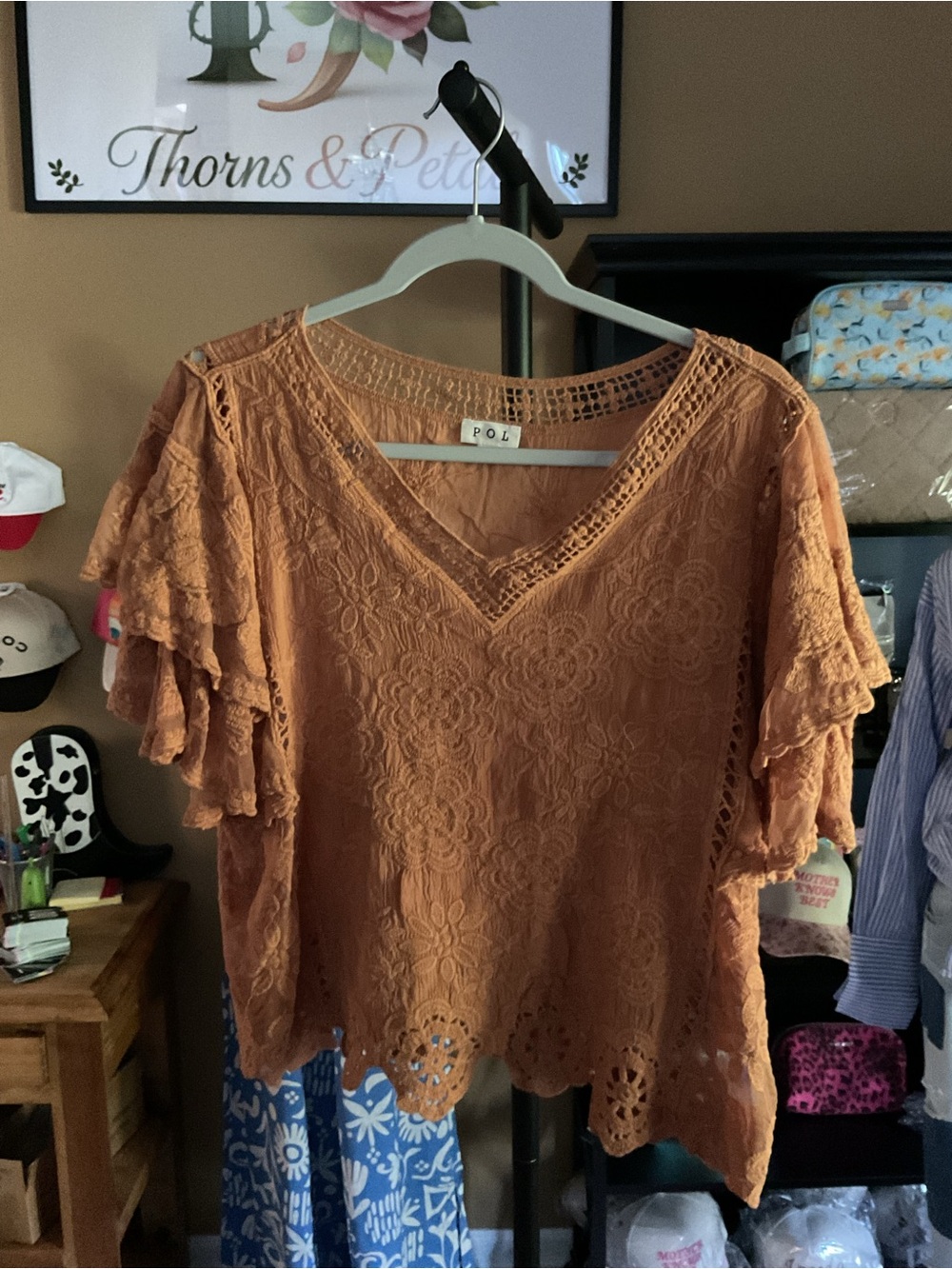 POL Rust Crochet Lace Flutter Sleeve Blouse